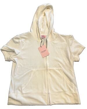 Juicy Couture White Velour Full Zip Short Sleeve Hoodie Rhinestone Logo M- NWT